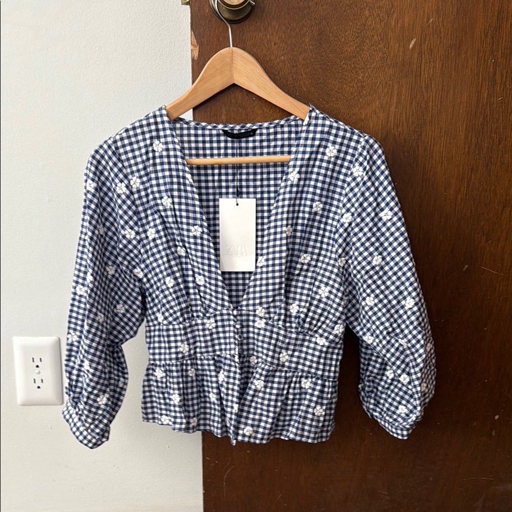Zara Blue and White Gingham Blouse